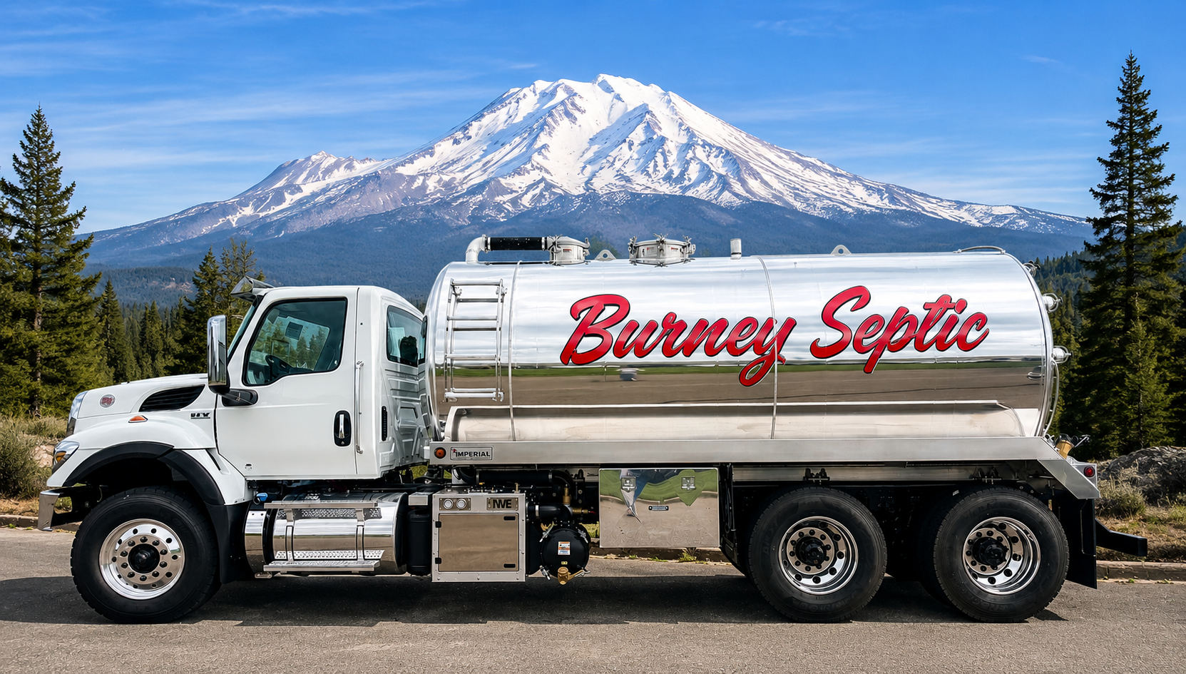 Burney Septic pump truck with company logo and Mount Shasta in the background