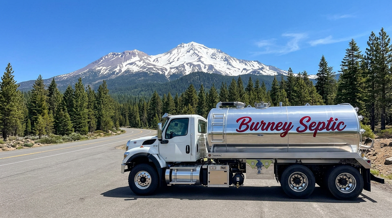 Burney Septic pump truck with company logo and Mount Shasta in the background